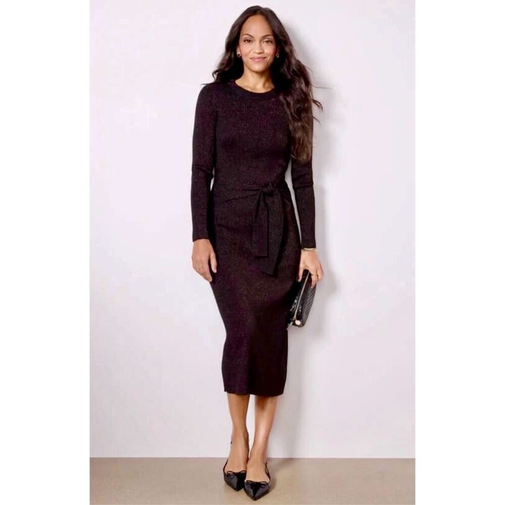 NEW Evereve Alfie Sweater Dress tie waist long sleeve bodycon size S Black Coppe